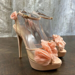 Charlotte Olympia Fleur Platform Sandals Heels Organza Flowers Pink Nude 38 1/2